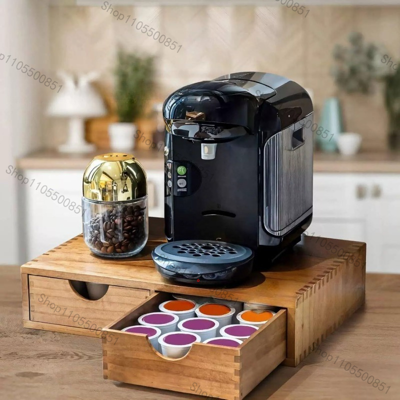 Tea Coffee Set Up - صندوق تخزين القهوة الخشبي ذو الأدراج،